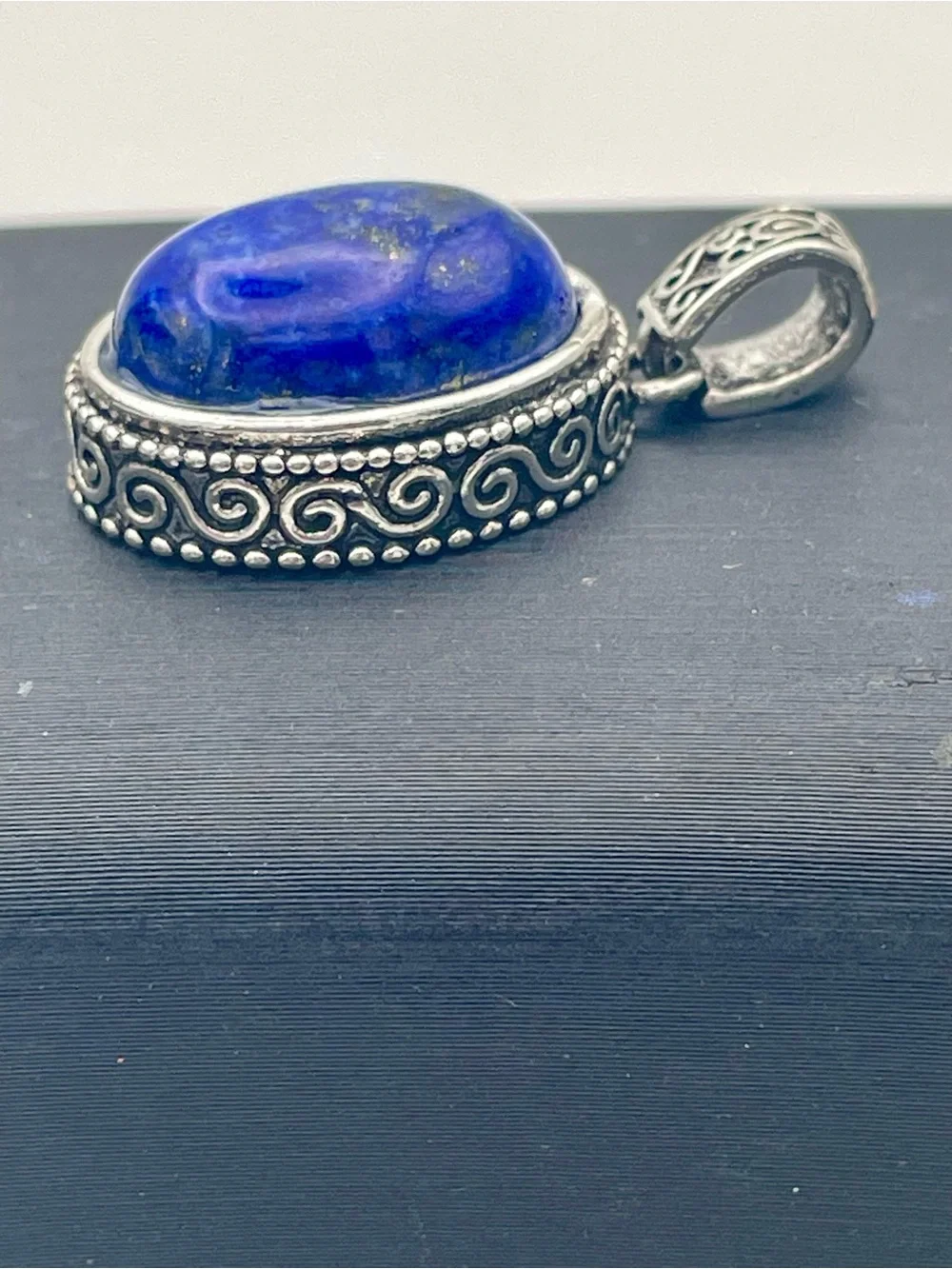 Lapis Lazuli Oval Cabochon Pendant with Silver Ornate Frame. Deep Blue Gemstone
